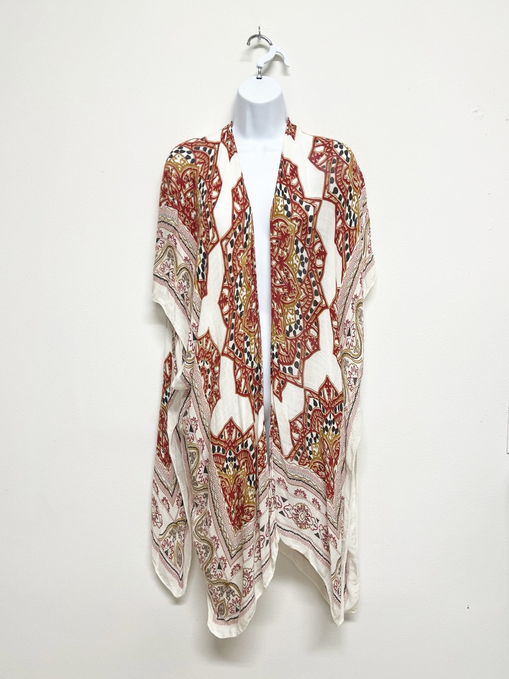 Amoli Womens Cream Rust Floral Printed Boho Tile Print Open Kimono Cardigan OS